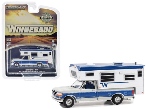 1992 Ford F-250 Long Bed Pickup Truck with Winnebago Slide-In Camper Silver Metallic and Bright Regatta Blue "Hobby Exclusive" Series 1/64 Diecast Model Car by Greenlight