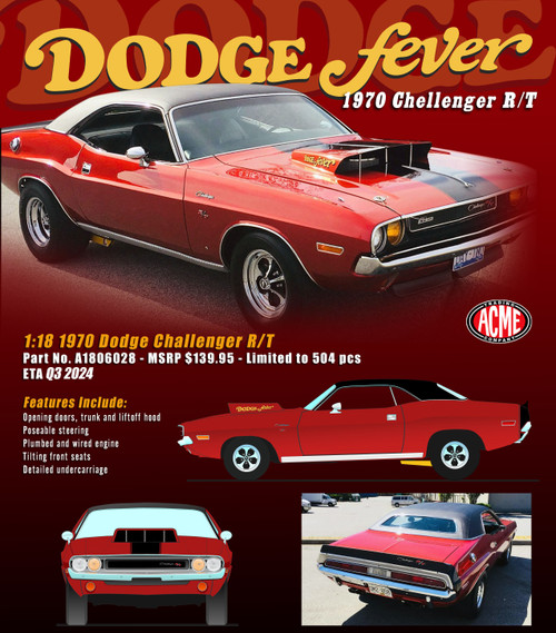 1/18 ACME 1970 Dodge Challenger R/T Dodge Fever (Bright Red) Diecast Car Model