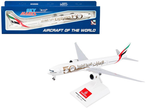 Boeing 777-300ER Commercial Aircraft with Landing Gear "Emirates Airlines - 50th Anniversary" (A6-EPO) White with Tail Graphics (Snap-Fit) 1/200 Plastic Model by Skymarks