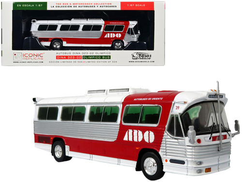 Dina 323-G2 Olimpico Coach Bus "ADO (Autobuses de Oriente)" White and Silver with Red Stripes Limited Edition to 504 pieces Worldwide "The Bus and Motorcoach Collection" 1/87 (HO) Diecast Model by Iconic Replicas