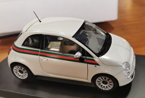 1/18 Norev Gucci Fiat 500 500c (White w/ Stripes) Fully Open Diecast Car Model