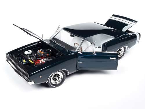 1968 Dodge Charger R/T Dark Blue Metallic with White Interior and Tail Stripe "Mecum Auctions" "American Muscle" Series 1/18 Diecast Model Car by Auto World