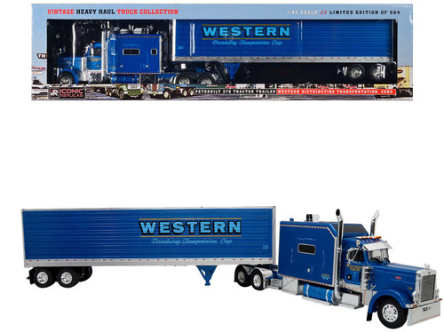 Peterbilt 379 Tractor Truck with Trailer Blue Metallic "Western Distributing Transportation Corp." Limited Edition to 504 pieces Worldwide "Vintage Heavy Haul Truck Collection" 1/43 Diecast Model by Iconic Replicas