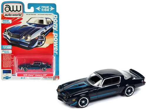 1979 Chevrolet Camaro Z28 Dark Blue Metallic with Light Blue Stripes "Pony Power" Limited Edition to 2496 pieces Worldwide 1/64 Diecast Model Car by Auto World