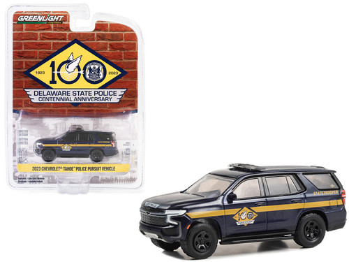 2023 Chevrolet Tahoe Police Pursuit Vehicle (PPV) Dark Blue Metallic with Yellow Stripes "Delaware State Police 100th Anniversary" "Anniversary Collection" Series 16 1/64 Diecast Model Car by Greenlight