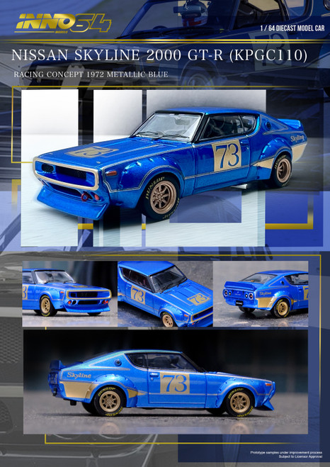 1/64 Inno Nissan Skyline 2000 GT-R (KPGC110) Racing Concept (Blue) Diecast Car Model