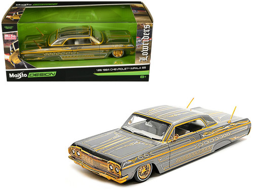 1964 Chevrolet Impala SS Lowrider Gray Metallic with Gold Graphics "Lowriders" "Maisto Design" Series 1/26 Diecast Model Car by Maisto