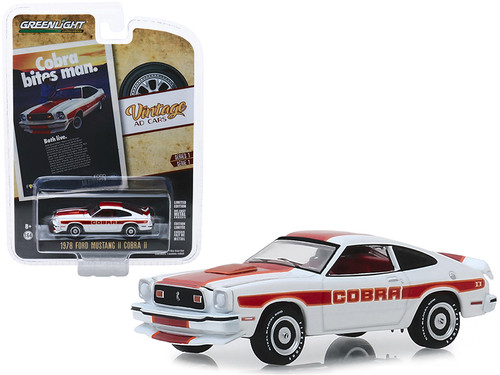 1/64 Greenlight 1978 Ford Mustang II Cobra II White with Red and Orange Stripes "Cobra Bites Man. Both Live." "Vintage Ad Cars" Series 1 Diecast Car Model