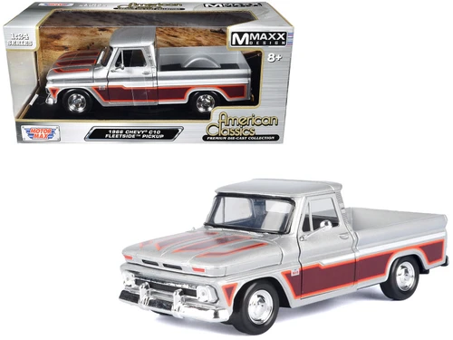 1966 Chevrolet C10 Fleetside Pickup Truck Silver Metallic with Brown Sides with Camper Shell "American Classics" Series 1/24 Diecast Model Car by Motormax
