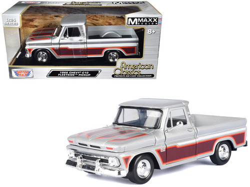 1966 Chevrolet C10 Fleetside Pickup Truck Silver Metallic with Brown Sides "American Classics" Series 1/24 Diecast Model Car by Motormax