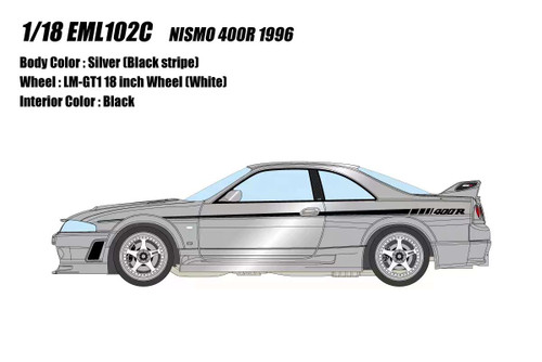 1/18 Makeup Nissan Skyline GT-R R33 Nismo 400R (Silver with Black Stripe) LM-GT1 18 Inch Wheels Car Model