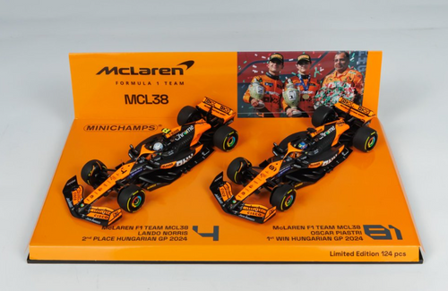 1/43 Minichamps 2-Car Set 2024 Formula 1 Mclaren MCL38 Oscar Piastri #81 Winner & Lando Norris #4 2nd Place Hungarian GP Car Model