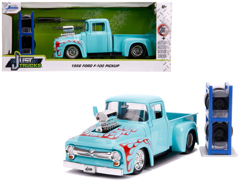 1956 Ford F-100 Pickup Truck Turquoise with Red Flames with Extra Wheels  "Just Trucks" Series 1/24 Diecast Model Car by Jada - LIVECARMODEL.com
