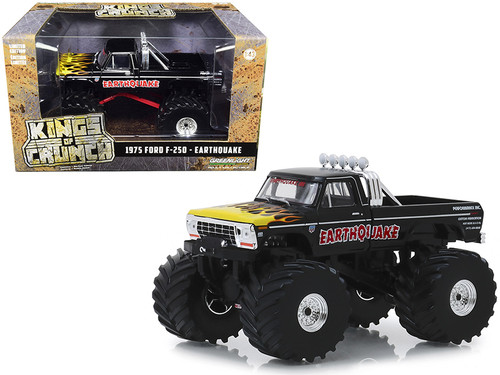 1975 Ford F-250 Monster Truck with 66-Inch Tires "Earthquake" Black with Yellow Flames 1/43 Diecast Model Car by Greenlight