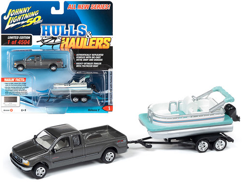 2004 Ford F-250 Pickup Truck Dark Shadow Gray Metallic with Pontoon Boat Limited Edition to 4,504 pieces Worldwide "Hulls & Haulers" Series 2 "Johnny Lightning 50th Anniversary" 1/64 Diecast Model Car by Johnny Lightning