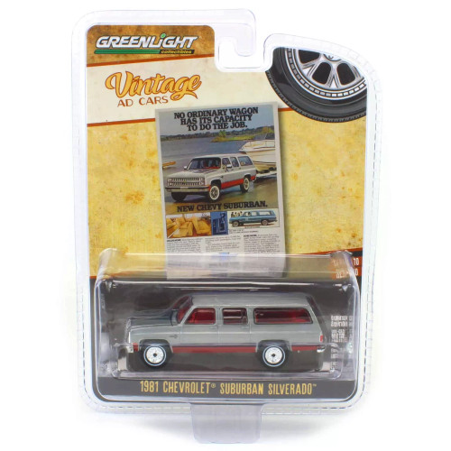 1/64 Greenlight 1981 Chevrolet Suburban (Silver Metallic & Red