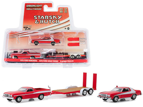 1976 Ford Ranchero with 1976 Ford Gran Torino and Flatbed Trailer "Starsky and Hutch" (1975-1979) TV Series "Hollywood Hitch and Tow" Series 7 1/64 Diecast Model Cars by Greenlight