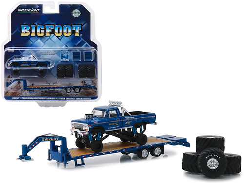1974 Ford F-250 Monster Truck "Bigfoot #1 The Original Monster Truck (1979)" with Gooseneck Trailer and Regular and Replacement 66" Tires "Hobby Exclusive" 1/64 Diecast Model Car by Greenlight