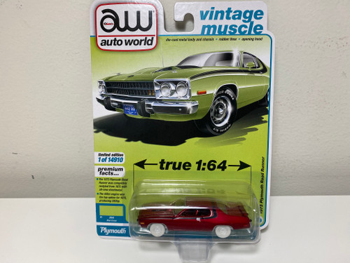 CHASE CAR 1/64 Auto World 1973 Plymouth Road Runner 440 (Gloss Red with White Wheels) Diecast Car Model CHASE CAR 1/64 Auto World 1973 Plymouth Road Runner 440 (Gloss Red with White Wheels) Diecast Car Model