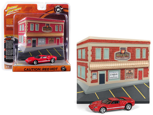2005 Ford GT Red with Resin Cafe Front Facade "Cars and Coffee" Diorama 1/64 Diecast Model Car by Johnny Lightning