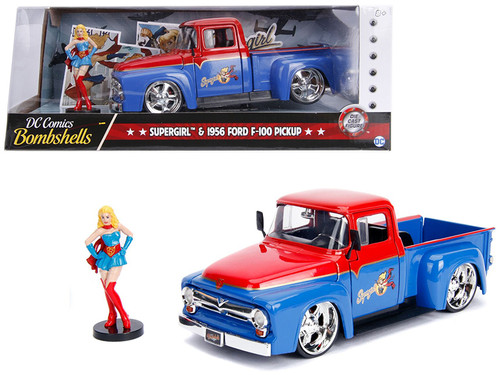 1956 Ford F-100 Pickup Truck Red and Blue with Supergirl Diecast Figure "DC Comics Bombshells" Series 1/24 Diecast Model Car by Jada