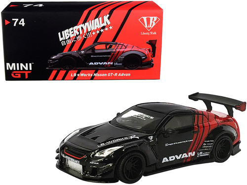 Nissan GT-R (R35) Type 2 RHD (Right Hand Drive) LB Works "LibertyWalk" with Rear Wing Version 3 Black and Red "ADVAN" "Japan Exclusive" 1/64 Diecast Model Car by True Scale Miniatures