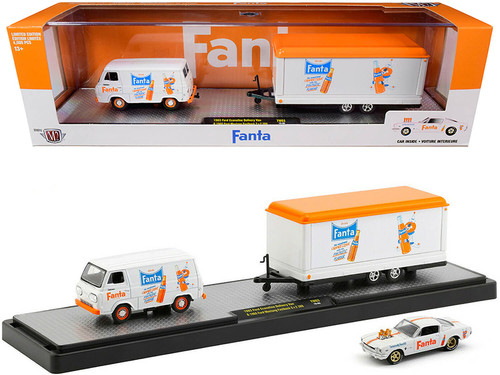 1965 Ford Econoline Delivery Van White with Trailer and 1966 Ford Mustang Fastback 2+2 289 White with Orange Stripes "Fanta" Set Limited Edition to 4,000 pieces Worldwide 1/64 Diecast Models by M2 Machines