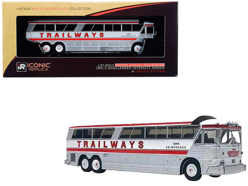 1970 MCI MC-7 Challenger Intercity Motorcoach "Adirondack Trailways" "Destination: Albany" (New York) White and Silver with Red Stripes "Vintage Bus & Motorcoach Collection" 1/87 (HO) Diecast Model by Iconic Replicas