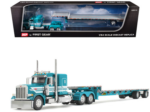 1/64 First Gear Peterbilt Model 379 with 48" Flat Top Sleeper & Transcraft Step Deck Trailer (Teal Blue) Diecast Car Model