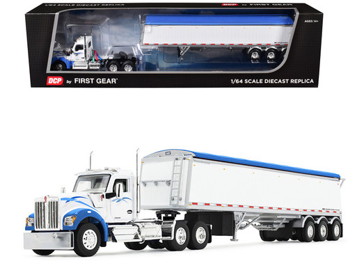 1/64 First Gear Kenworth W990 Day Cab & Lode King Distinction Hopper Trailer (White & Blue) Diecast Car Model