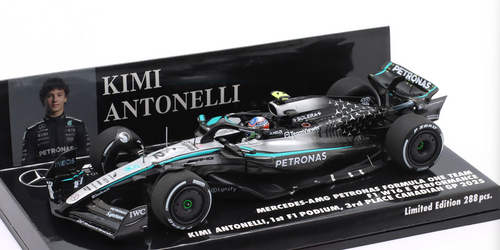 1/43 Minichamps 2025 Formula 1 Mercedes-AMG Petronas F1 Team W16 E Performance 3rd Place Canada GP Andrea Kimi Antonelli Car Model