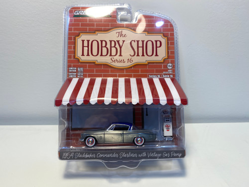 CHASE CAR 1/64 Greenlight 1954 Studebaker Commander Starliner Chrome Silver with Blue Top and Blue Interior with "Chevron Supreme" Vintage Wayne 505 Gas Pump "The Hobby Shop" Series 16 Diecast Car Model