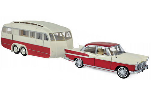 1958 Simca Vedette Chambord and Caravane Henon Travel Trailer Cardinal Red and Ivory Set of 2 pieces 1/18 Diecast Model Car by Norev