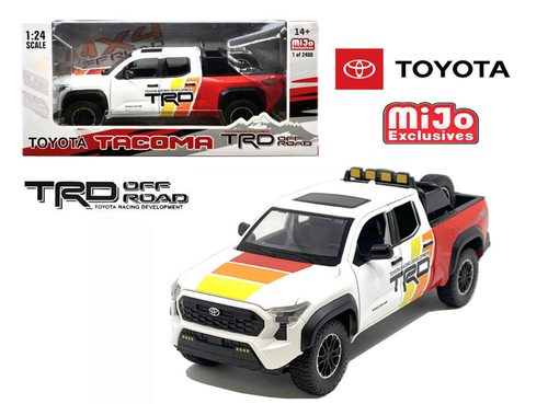 1/24 2024 Toyota Tacoma TRD Off-Road Custom (White, Yellow & Red) Diecast Car Model 1/24 2024 Toyota Tacoma TRD Off-Road Custom (White, Yellow & Red) Diecast Car Model