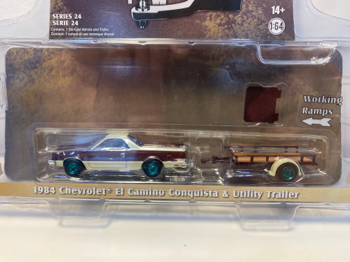 CHASE 1/64 Greenlight 1984 Chevrolet El Camino Conquista Maroon Metallic and Beige with Utility Trailer "Hitch & Tow" Series 24 Diecast Car Model CHASE 1/64 Greenlight 1984 Chevrolet El Camino Conquista Maroon Metallic and Beige with Utility Trailer "Hitch & Tow" Series 24 Diecast Car Model