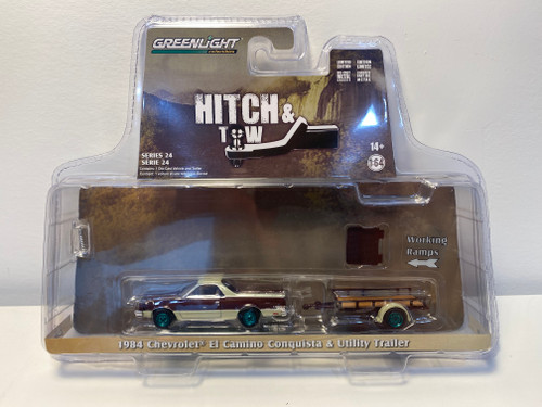 CHASE 1/64 Greenlight 1984 Chevrolet El Camino Conquista Maroon Metallic and Beige with Utility Trailer "Hitch & Tow" Series 24 Diecast Car Model CHASE 1/64 Greenlight 1984 Chevrolet El Camino Conquista Maroon Metallic and Beige with Utility Trailer "Hitch & Tow" Series 24 Diecast Car Model