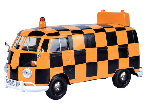 Volkswagen Type 2 (T1) Airport Runway Delivery Van Black and Orange Checkered 1/24 Diecast Model Car by Motormax Volkswagen Type 2 (T1) Airport Runway Delivery Van Black and Orange Checkered 1/24 Diecast Model Car by Motormax
