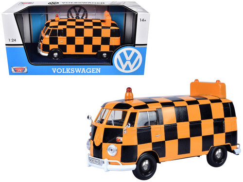 Volkswagen Type 2 (T1) Airport Runway Delivery Van Black and Orange Checkered 1/24 Diecast Model Car by Motormax Volkswagen Type 2 (T1) Airport Runway Delivery Van Black and Orange Checkered 1/24 Diecast Model Car by Motormax