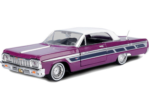 1964 Chevrolet Impala Lowrider Hard Top Purple Metallic with White Top "Get Low" Series 1/24 Diecast Model Car by Motormax 1964 Chevrolet Impala Lowrider Hard Top Purple Metallic with White Top "Get Low" Series 1/24 Diecast Model Car by Motormax