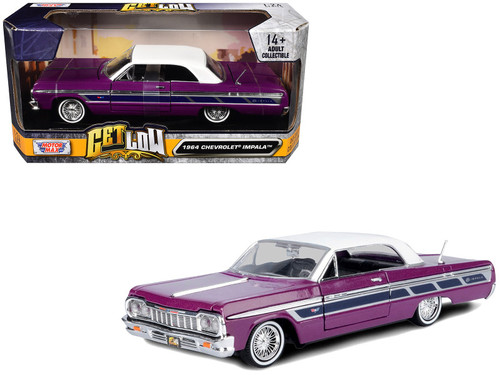 1964 Chevrolet Impala Lowrider Hard Top Purple Metallic with White Top "Get Low" Series 1/24 Diecast Model Car by Motormax 1964 Chevrolet Impala Lowrider Hard Top Purple Metallic with White Top "Get Low" Series 1/24 Diecast Model Car by Motormax