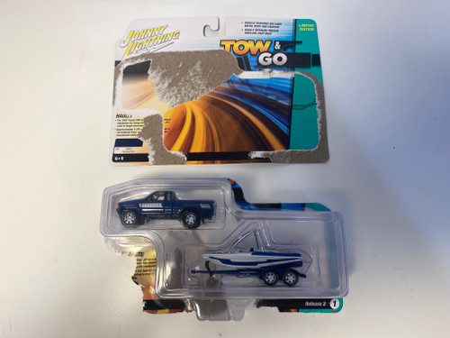 OPEN AS-IS 1/64 Johnny Lightning 1985 Toyota SR5 Pickup with Malibu Speed Boat Trailer (Blue) Diecast Models OPEN AS-IS 1/64 Johnny Lightning 1985 Toyota SR5 Pickup with Malibu Speed Boat Trailer (Blue) Diecast Models