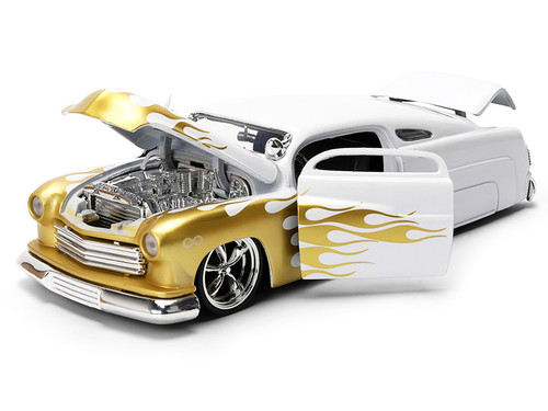 1951 Mercury Coupe White with Gold Flames "Bigtime Muscle" Series 1/24 Diecast Model Car by Jada 1951 Mercury Coupe White with Gold Flames "Bigtime Muscle" Series 1/24 Diecast Model Car by Jada