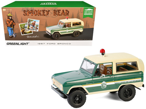 1967 Ford Bronco "Smokey Bear Forest Ranger" Green and Cream with White Stripes "Artisan Collection" 1/18 Diecast Model Car by Greenlight 1967 Ford Bronco "Smokey Bear Forest Ranger" Green and Cream with White Stripes "Artisan Collection" 1/18 Diecast Model Car by Greenlight