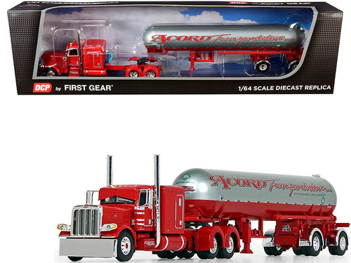 Peterbilt 389 with 63" Flattop Sleeper Cab and Mississippi LP Tank Trailer "Acord Transportation" Red and Silver 1/64 Diecast Model by DCP/First Gear