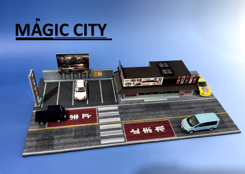 1/64 Magic City Japanese BBQ Store with Parking Lot Diorama with Lights (car models & figures NOT included) 1/64 Magic City Japanese BBQ Store with Parking Lot Diorama with Lights (car models & figures NOT included)