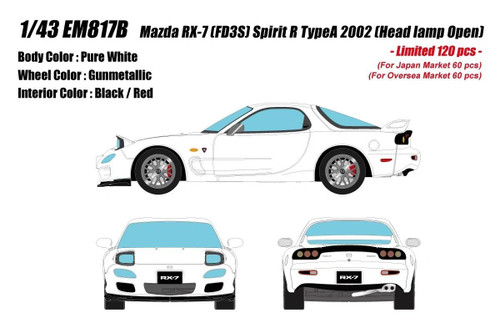 1/43 Makeup 2002 Mazda RX7 RX-7 (FD3S) Spirit R Type A with Head Lamp Open (Pure White) Car Model 1/43 Makeup 2002 Mazda RX7 RX-7 (FD3S) Spirit R Type A with Head Lamp Open (Pure White) Car Model