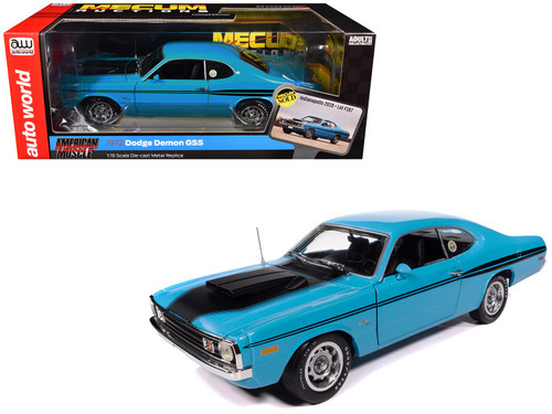 1972 Dodge Demon GSS "Mecum Auctions" Petty Blue with Black Stripes "American Muscle" Series 1/18 Diecast Model Car by Auto World 1972 Dodge Demon GSS "Mecum Auctions" Petty Blue with Black Stripes "American Muscle" Series 1/18 Diecast Model Car by Auto World