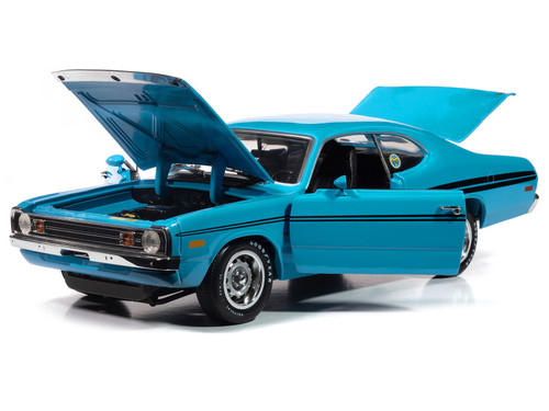 1972 Dodge Demon GSS "Mecum Auctions" Petty Blue with Black Stripes "American Muscle" Series 1/18 Diecast Model Car by Auto World 1972 Dodge Demon GSS "Mecum Auctions" Petty Blue with Black Stripes "American Muscle" Series 1/18 Diecast Model Car by Auto World