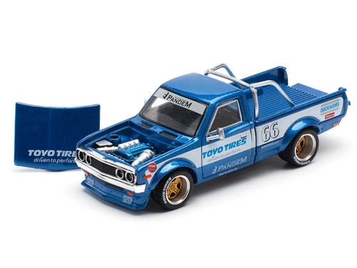 Datsun Pandem 620 Pickup Truck #66 Blue Metallic with White Stripes and Graphics 1/64 Diecast Model Car by Pop Race Datsun Pandem 620 Pickup Truck #66 Blue Metallic with White Stripes and Graphics 1/64 Diecast Model Car by Pop Race