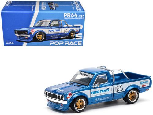 Datsun Pandem 620 Pickup Truck #66 Blue Metallic with White Stripes and Graphics 1/64 Diecast Model Car by Pop Race Datsun Pandem 620 Pickup Truck #66 Blue Metallic with White Stripes and Graphics 1/64 Diecast Model Car by Pop Race